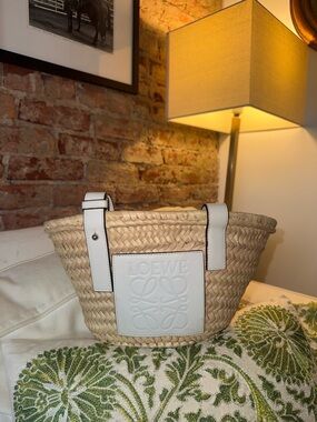 Loewe Natural Straw Tote with White Leather Trim and Logo Patch